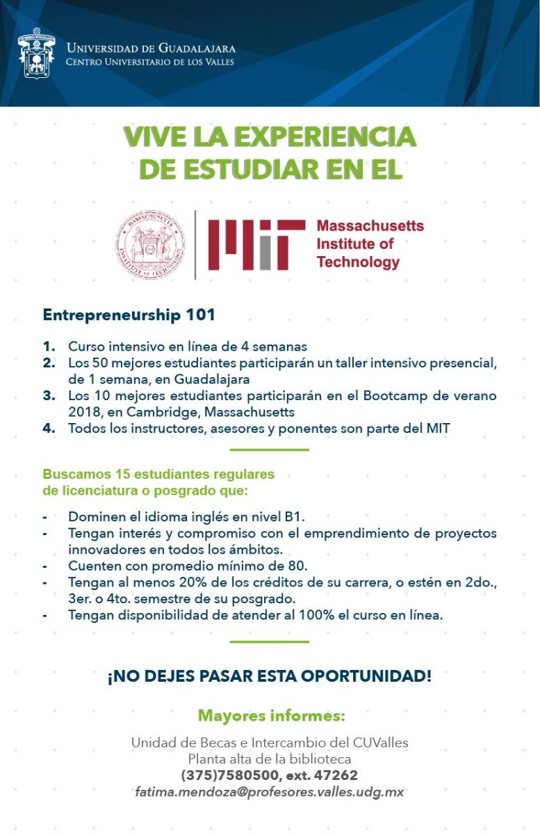 Participa en el Entrepreneurship 101 del MIT. Informes en la Unidad de Becas e Intercambio